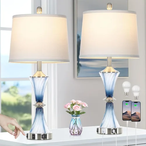 Miniatura 12 de Rinweey - Lámpara de mesa de vidrio azul con puertos USB C+A y salidas de AC, lámpara de noche costera para mesitas de noche, dormitorio, sala