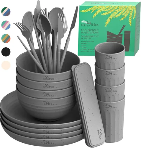 Miniatura 8 de Juego de vajilla de paja de trigo para 4 – Juego de platos de campamento, tazas y cuencos, platos aptos para lavavajillas y microondas, alternativo