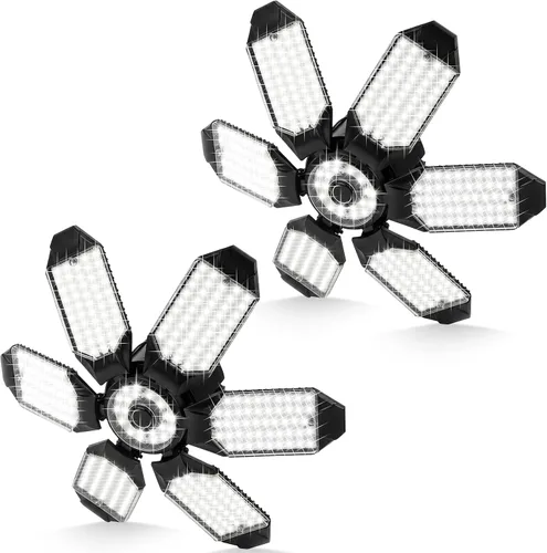 Tudoccy Luces de garaje, paquete de 2 luces LED de techo de garaje de 34000 lúmenes, 6500 K, luz LED para tienda, 6 paneles ajustables, bombilla