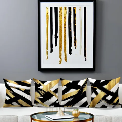 Miniatura 5 de Juego de 4 fundas de almohada negras y doradas, fundas de almohada de 18 x 18 pulgadas, almohadas geométricas abstractas a rayas para decoración
