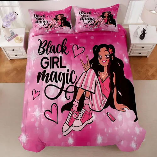 Miniatura 3 de Juego de edredón de niña negra tamaño individual para niños, juegos de ropa de cama mágica de niña negra, juego de edredón de princesa melanina