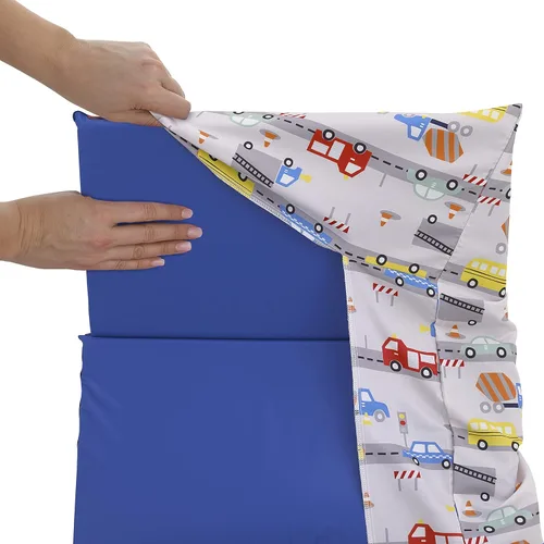 Miniatura 3 de Everything Kids Hoja de almohadilla para siesta preescolar roja, amarilla y azul para construcción, autobús, camión y automóvil