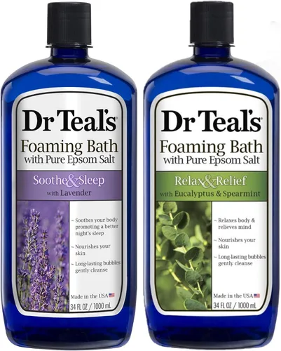 Dr Teal's Set de regalo de variedad de baño espumoso (paquete de 2, 34 onzas cada una) – Calmar y dormir Lavanda & Relájate y alivia eucalipto y
