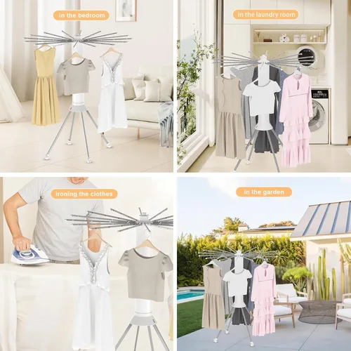 Miniatura 8 de Tendedero de ropa plegable de 4 patas, estante de secado plegable al aire libre, estante de secado de ropa portátil con 4 poleas, estante seco