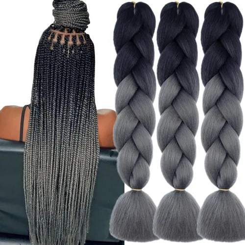 Miniatura 10 de 3 paquetes de extensiones de cabello sintético para trenzar de color negro a azul, tamaño jumbo ombré, de 24 pulgadas o trenzas de ganchillo