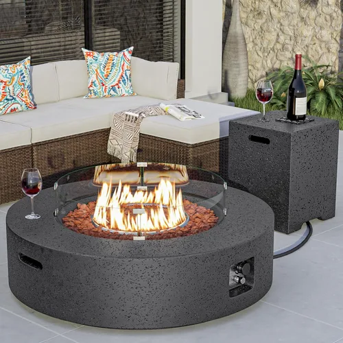 Miniatura 13 de COSIEST mesa de fogata a propano para exteriores de 35 pulgadas cuadrada de arenisca con protector contra el viento y mesa lateral, certificada