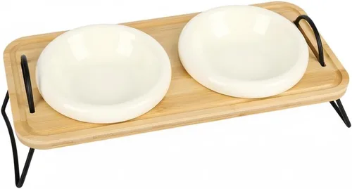 Cuencos elevados de cerámica para gatos con soporte de madera, cuencos elevados para alimentos y agua con diseño inclinado, antivómitos, juego de