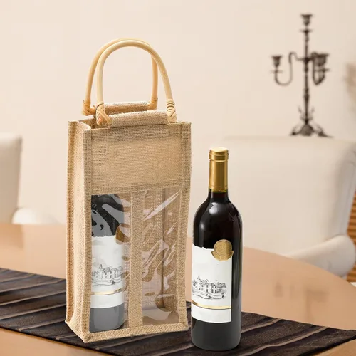 Miniatura 6 de Peohud Paquete de 2 bolsas de arpillera para botellas de vino, 4 botellas de yute para vino, bolsas de regalo de embalaje vintage con ventana y asa