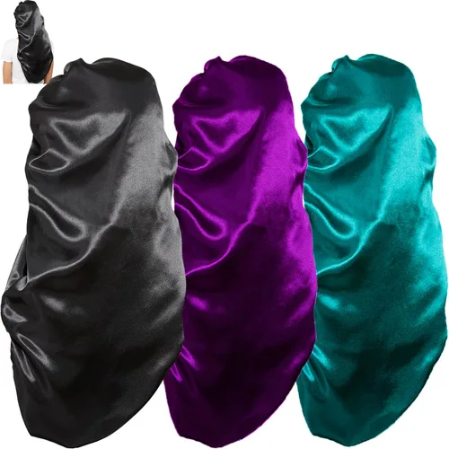 Miniatura 8 de Gorros de satén con banda elástica suave para mujer, 3 piezas de bufanda sedosa para la cabeza, envoltura para el cabello para dormir, cabello largo