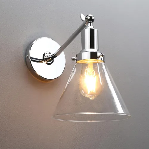 Miniatura 26 de PERMO Aplique doble cromado industrial de 2 luces, apliques de pared con pantalla de vidrio transparente acampanada en forma de embudo, luz
