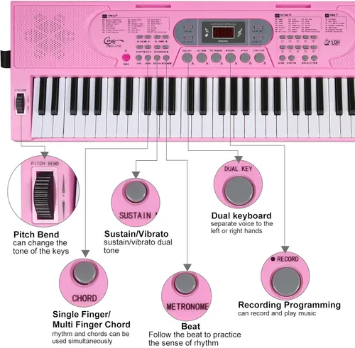 Miniatura 5 de Teclado de Piano con Teclas Iluminadas para Principiantes Adultos Adolescentes Niños, Teclado Electrónico de Música de 61 Teclas con Modos de Llaves