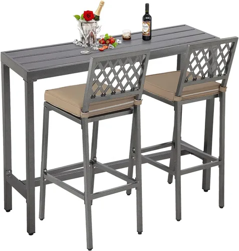 Miniatura 12 de Sillas y mesa de bar para exteriores, juego de bar de metal para exteriores, juego de mesa de bar de 3 piezas con taburetes de bar y cojines