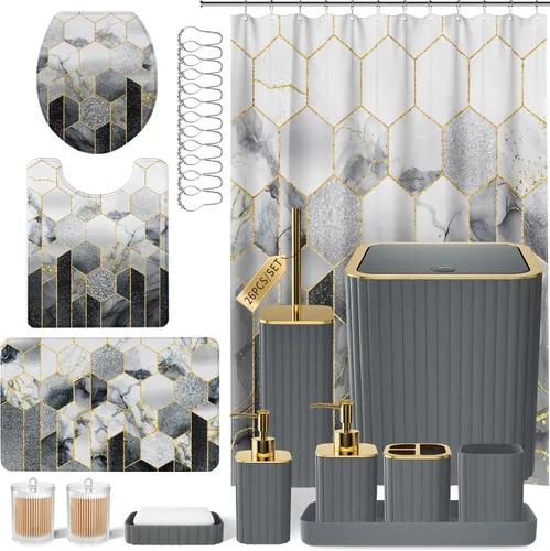 Miniatura 11 de XLHOMO Juego de baño – Juego de baño de 26 piezas con cortina de ducha y alfombras, juego de accesorios de baño, juego de accesorios de baño negro