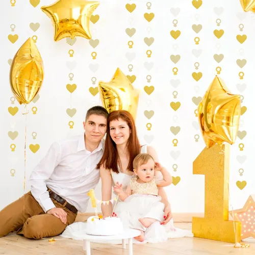 Miniatura 7 de Decoraciones de Fiesta de Despedida de Soltera de Compromiso Guirnalda Blanco-Dorado - Banderines de Papel con Corazón y Anillo de 52 Pies