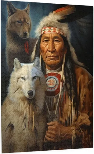 Rompecabezas para adultos de 1000 piezas rompecabezas sentado lobo perro nativo americano indio tradicional formación de tienda de campaña de madera