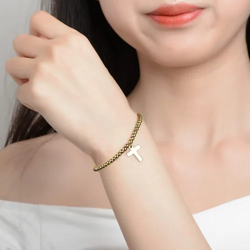 Miniatura 5 de Pulsera de cuentas de oro de 14 quilates chapada en oro con cruz y cadena de cola ajustable de 2.2in.