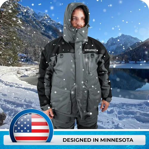 Miniatura 5 de WindRider Traje de pesca en hielo, baberos aislados y chaqueta flotación toneladas de bolsillos Equipo impermeable para pesca en hielo y motos