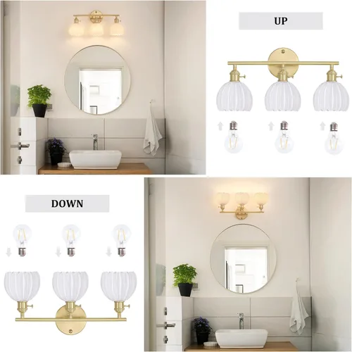 Miniatura 6 de Shenmoyl Accesorios de Iluminación para Baño, Lámpara de Pared de Tocador de Latón de 3 Luces Sobre Espejo con Pantalla de Cristal Tulipán Blanco