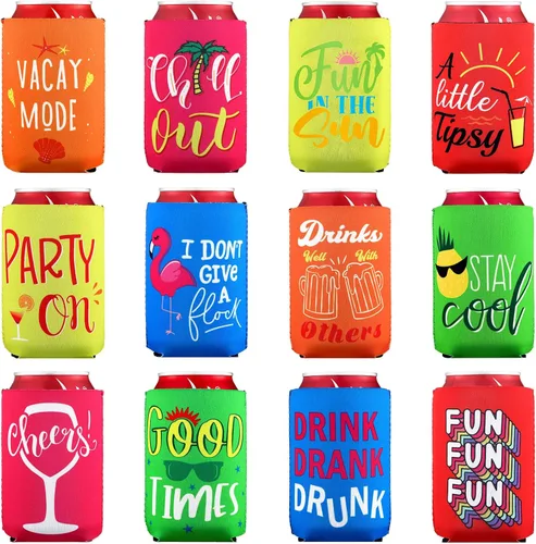 Tatuo Paquete de 12 fundas divertidas para enfriar latas a granel de 12 onzas, fundas para enfriar latas de cerveza de verano con temática de playa,