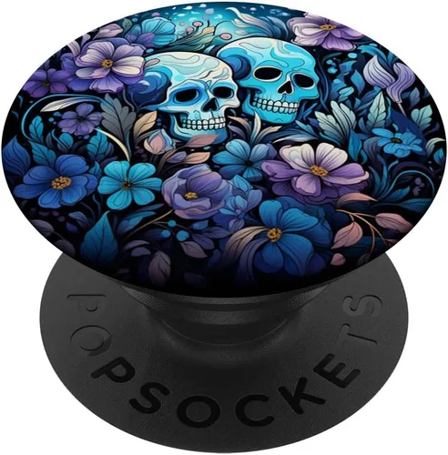 PopSockets de arte floral púrpura con diseño de calavera de esqueleto de flores silvestres verde azulado y azul