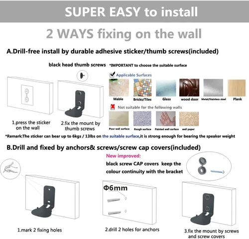 Miniatura 6 de Soportes de pared para Sonos Roam, 2 unidades, sin taladros, metal resistente, acabado de pintura, fácil instalación, compatible con Roam, Roam 2