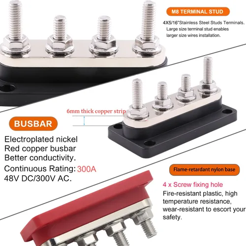 Miniatura 5 de Barra de bus de cobre de 12 V 300 A con 4 pernos de batería de 5/16 pulgadas, bloques de distribución de energía, barra colectora marina, barra