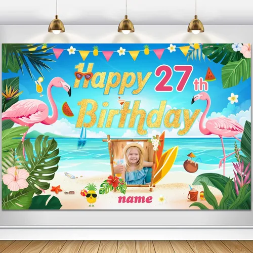 Miniatura 41 de Cartel de decoración de feliz cumpleaños número 100 personalizable con flamencos, playa, trópicos, Hawái y tema de verano, tamaños grandes