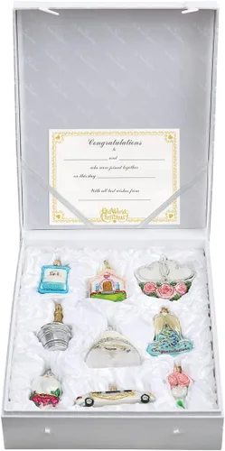 Old World Christmas - Adorno de caja de regalo "Recién casados" de vidrio soplado para árbol de Navidad, decoración navideña artesanal, colección de