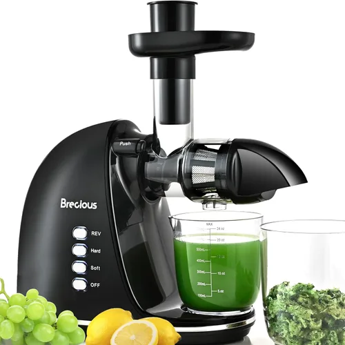 Exprimidor de masticación lenta, exprimidores de prensa fría Brecious con 2 modos de velocidad y motor silencioso, exprimidores de verduras y frutas