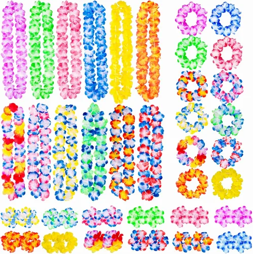 Garma Juego de 48 collares hawaianos de Luau Leis, paquete de 12 collares de flores tropicales con pulseras para recuerdos de fiesta Luau,