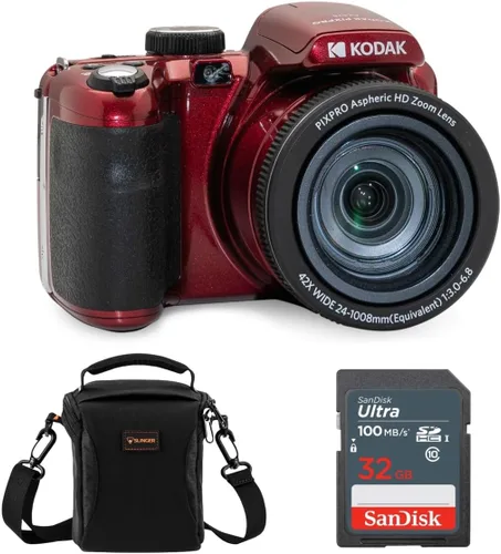 Kodak PIXPRO AZ425 Astro Zoom - Cámara digital Full HD de 20 MP, color rojo, paquete con tarjeta de memoria de 32 GB y bolsa