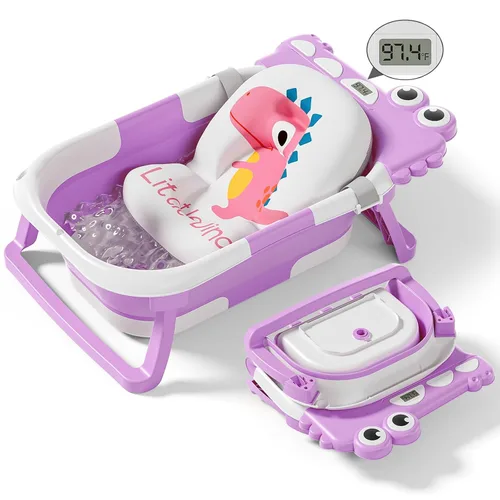 Miniatura 11 de Bañera plegable para bebé recién nacido, bañera plegable para bebé con termómetro y cojín flotante suave y orificio de drenaje, bañera portátil