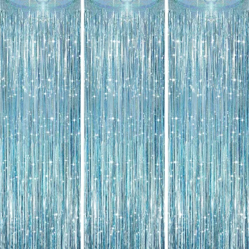 Miniatura 20 de Voircoloria - Cortinas de fondo de flecos de papel de aluminio para fiestas, 3 piezas, 39.6 x 98.4 pulgadas, azul retro 48 Retro Azul