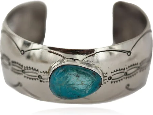 $400Tag Certificado Navajo Natural Turquesa Nativo Americano Níquel Pulsera 92001-5 Hecho por Loma Siiva, Metal Piedra, Turquesa estabilizada