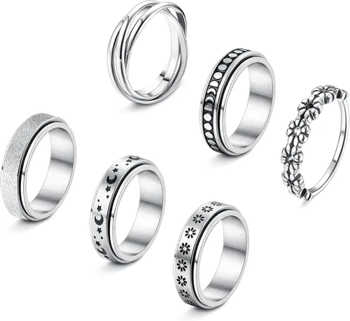 FUNRUN JEWELRY Anillo de acero inoxidable para la ansiedad para mujeres y hombres, anillos giratorios de luna y estrella celta para aliviar el