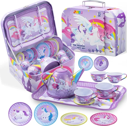 JOYIN Juego de fiesta de té de unicornio para niñas pequeñas, juego de tetera de lata morada, juguete de cocina con tetera, taza, plato, funda de