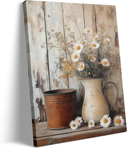 KYSNGMT - Lienzo decorativo para pared, diseño de margaritas rústicas | Vintage White Flower in Pitcher Picture Framed Artwork Ready to Hang for