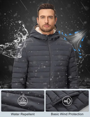 Miniatura 9 de MAGCOMSEN Chaqueta acolchada para hombre con capucha, forro de vellón, chaqueta térmica resistente al agua, chaqueta de plumón con cremallera