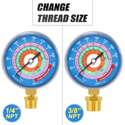 Miniatura 3 de MEANLIN MEASURE Medidor de presión para refrigeración, 1/8" NPT, 30 in HG a 250Psi, 2-3/4" dial, R-404A, R-22, R-410A, grado F, con 1/4" NPT y 3/8