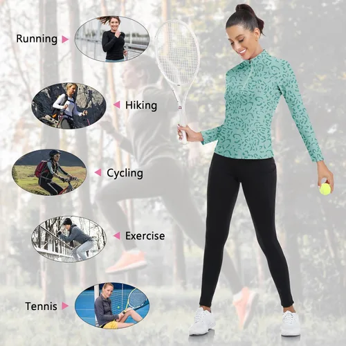 Miniatura 39 de WOWENY Camiseta deportiva de manga larga para mujer, con cremallera de un cuarto, cuello para entrenamiento, camiseta de tenis con estampado