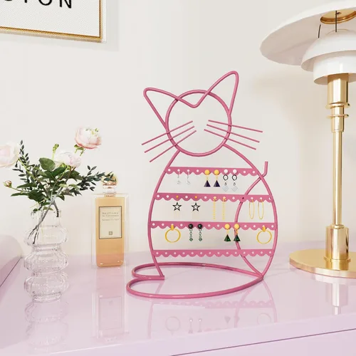 Miniatura 8 de Urban Deco Soporte Organizador de Joyas en Forma de Gato - Soporte para Aretes con 48 Agujeros para Pernos, Organizador de Tocador de Metal