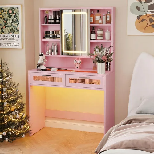 Miniatura 11 de Hadulcet Escritorio de tocador moderno negro con espejo LED de 3 modos, estación de carga y luces RGB, tocador pequeño con amplio almacenamiento