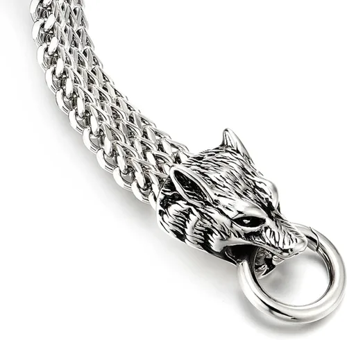 Miniatura 4 de COOLSTEELANDBEYOND Biker - Pulsera de acero inoxidable para hombre con cabeza de lobo con cierre de anillo de resorte