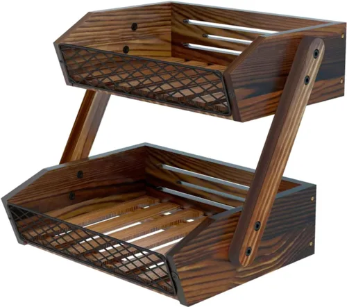 Dorhors Cesta de frutas para cocina, Frutero de 2 niveles,Organizador de mostrador de cocina,Soporte de madera para verduras para encimera,Soporte