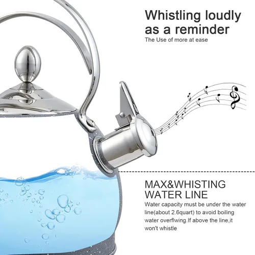Miniatura 4 de Creative Home - Tetera silbante de acero inoxidable de 2.5 cuartos de galón con fondo de aluminio capsulado para agua caliente de ebullición rápida
