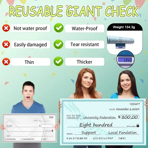 Miniatura 2 de Grandes cheques para presentaciones, enorme cheque falso de 30 x 16 pulgadas para premios y donaciones, reutilizable y perfecto para eventos Negro