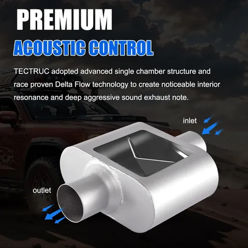 Miniatura 3 de Silenciador de escape universal, silenciador de acero aluminizado con sonido agresivo, silenciador de carreras de rendimiento de 2 cámaras