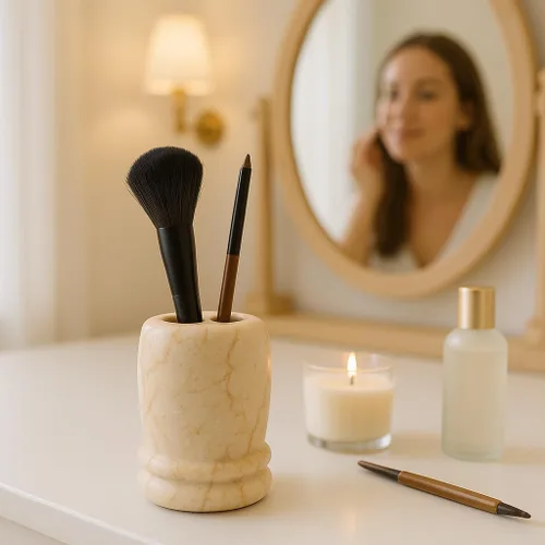Miniatura 5 de Creative Home Organizador de cepillos de dientes de mármol beige natural, redondo, 3 ranuras, para encimera de baño, soporte para cepillos