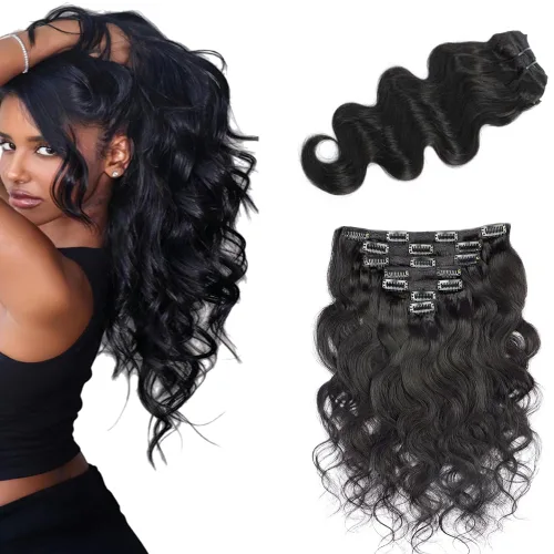 Extensiones de cabello ondulado #1B con clip, cabello humano real suave de 12 pulgadas, 7 unidades, 4.23 oz, extensiones de cabello humano Remy #1B
