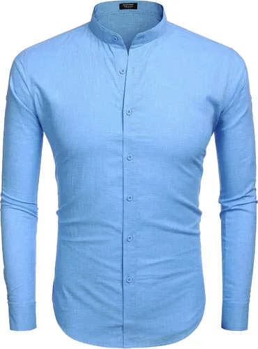 Miniatura 2 de COOFANDY Camisa casual de lino para hombre, con cuello de banda, manga larga, con botones